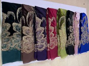 Tela de terciopelo marrón K/C con encaje bordado, <span class=keywords><strong>lentejuelas</strong></span> doradas, cuentas y pedrería, tela pesada para vestido de novia Aso Ebi Abaya, 8 colores en stock - Product Image 2