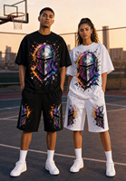 Ensemble deux pièces streetwear d'été pour homme, respirant, imprimé numérique, motif casque de chevalier chromé, en mélange de coton, T-shirt et short, 220g