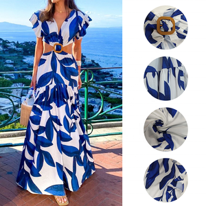 Prêt à expédier 2026 Robe à imprimé floral pour femme, sexy, à découpes, à taille élastiquée, manches à volants, col en V, style bohème, pour la <span class=keywords><strong>plage</strong></span> et les stations balnéaires, Vêtements d'usine - Product Image 2