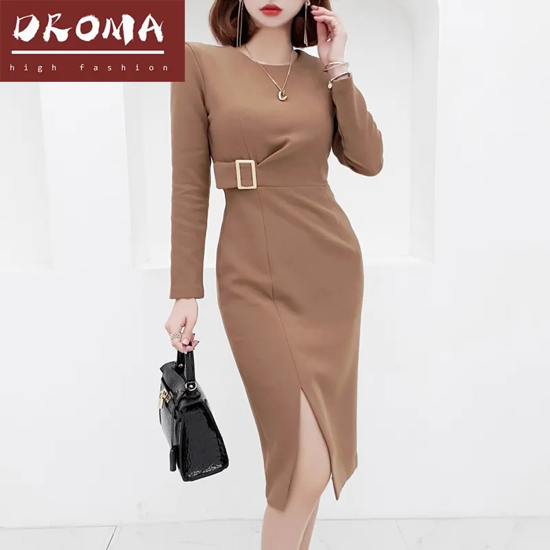 Droma 2022 latest Korean style temperament mid-length long sleeves waist slit fashion office dress women