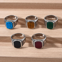Bague vintage au design exquis en acier inoxydable plaqué argent avec agate turquoise et œil de tigre pour homme, à porter au quotidien