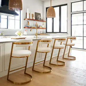 New Design Modern Bar Stools Base Frame Upholstered Boucle High Kitchen Counter Bar Stools Chair Gold Luxury Bar Furniture 50pcs