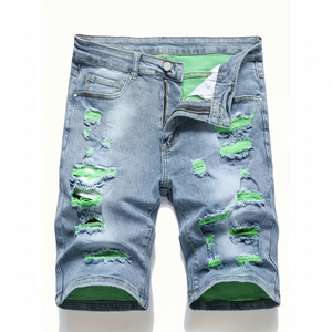 Vente chaude 100% coton bleu hommes en détresse Short en jean bleu clair longueur genou jambe droite avec Logo personnalisé - Product Image 1