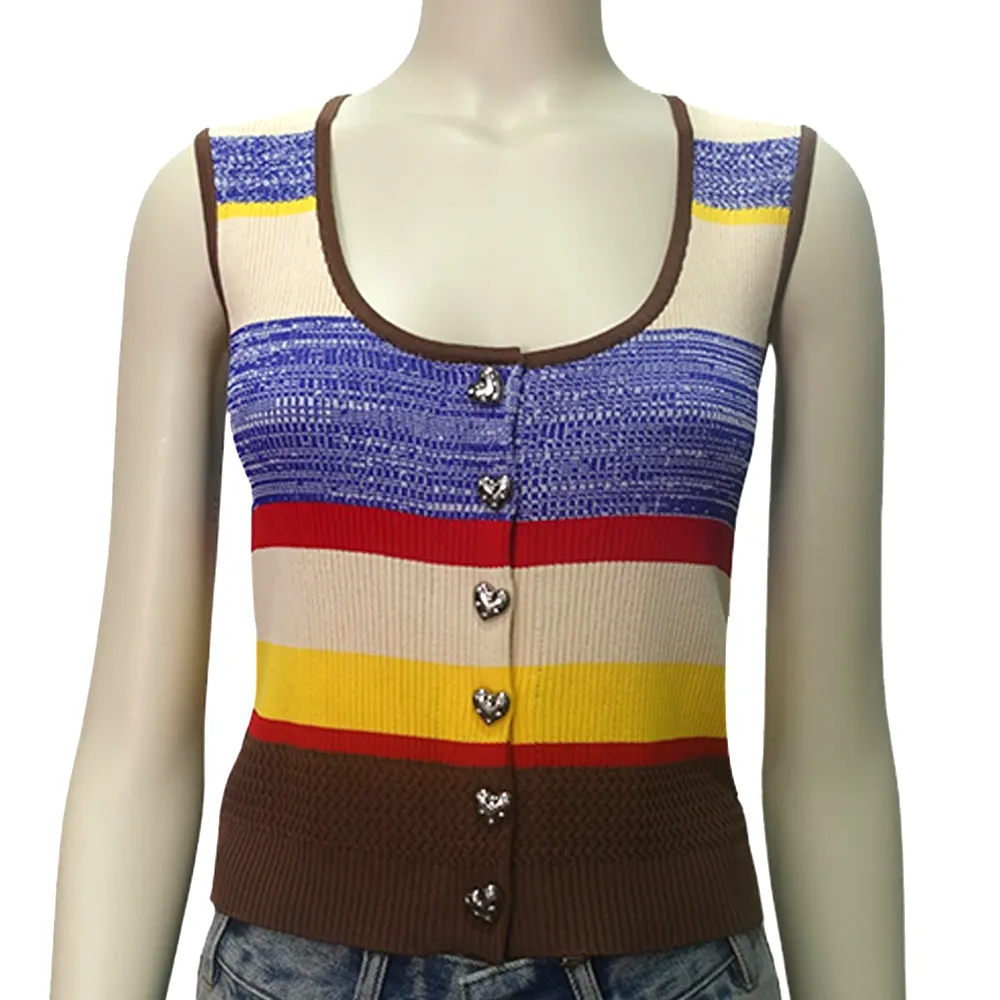 SMO, suéter sin mangas, Chaleco de punto de varios colores con cuello redondo, camisetas sin mangas para mujer con botones de corazón