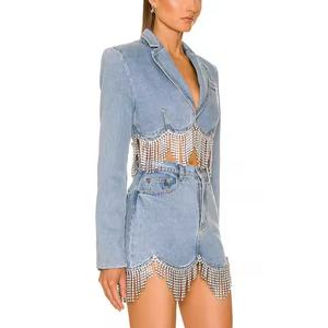 Nouvel Arrivage Ensemble en Jean Femme de Haute Qualité : Veste Courte Sexy et Mini-Jupe en Jean Délavé à l'Acide avec Strass - Product Image 2
