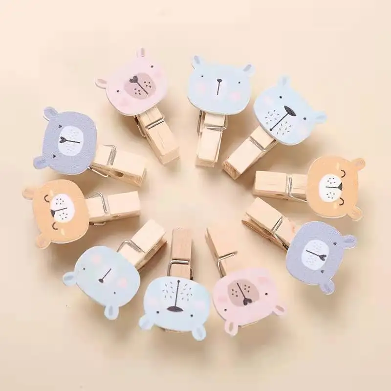 10 pcs Mini Clothespins Clothes Pins Pegs Cartoon Bear Animal Shaped Wooden Clips with Jute Twine for Photos Cards Wall Decor