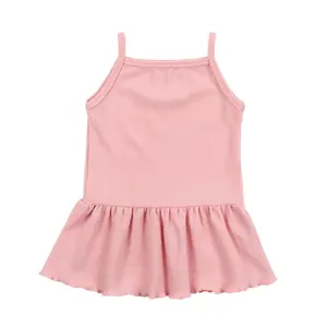 批发高品质有机棉夏季女婴连衣裙时尚吊带实心粉色可爱连衣裙
