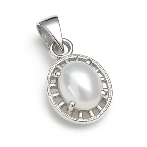 จี้มุกกลมสีขาว (7x9 มม.) พร้อมกรอบฉลุลาย ชุบโรเดียม เงินแท้ 925 เครื่องประดับผู้หญิงสไตล์มินิมอล - Product Image 3