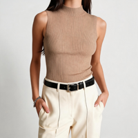 Débardeur en maille à col montant pour femme, kaki, côtelé verticalement, sans manches, coupe ajustée, extensible, couleur unie, gilet en maille, haut décontracté basique pour superposition