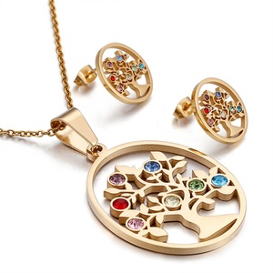 Popular Famous Hollow Round <b>Tree</b> of Life <b>Crystal</b> Stainless Steel Necklace Jewelry Sets - Product Image 6