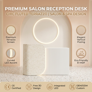Comptoir de réception minimaliste crème à panneau vertical cannelé simple face avec éclairage LED pour salon de beauté et clinique - Product Image 1