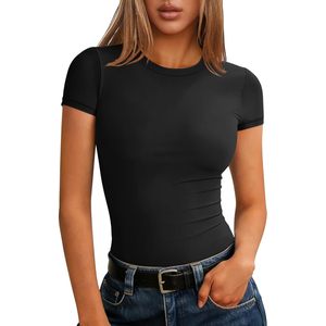 Women Short Sleeve Crew Neck T Shirt Basic <b>Tight</b> Workout Tee Spandex Cotton Active Stretch Yoga Top - Product Image 1
