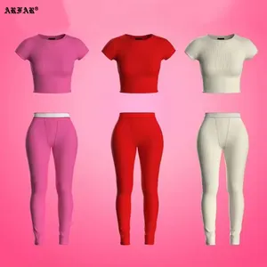 Loungewear Set Wanita Logo kustom atasan leher sendok dengan legging pakaian santai set wanita