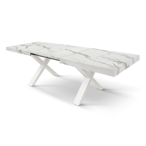 Table à manger effet marbre avec pieds croisés blancs, base en MDF, usage intérieur - Product Image 2