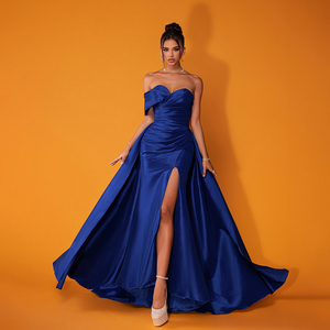 sweet 16 royal blue quinceañera dresses Royal Blue Satin A-line Round Neck Slit Prom Dress MP829 main image 1