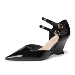 Sandalias de cuña de charol con punta, tira trasera y cierre de hebilla, cómodas para mujer, para todas las estaciones - Product Image 5