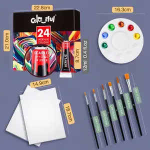 Lanpo DIY Acrylfarben Set mit 6 Pinseln, 1 Palette 24 Farben Art Painting Kit für Leinwand, Stoff, Rock