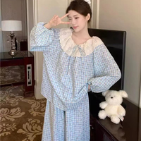 Piyama Elegan untuk Wanita Versi Korea Gaya Putri Manis Gaun Tidur Lengan Panjang Longgar Motif Kotak-kotak Bunga Kecil Set Dua Potong