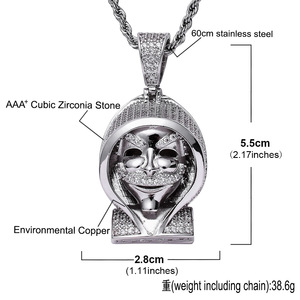 Collar con Colgante <span class=keywords><strong>de</strong></span> <span class=keywords><strong>Muerte</strong></span> <span class=keywords><strong>de</strong></span> Latón con Circonitas Cúbicas Micro Pavé BES Iced Out, Joyería Vintage Punk Hip Hop para Hombres Rapper - Product Image 3