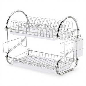 2 Tier <strong>Iron</strong> Dish Drying Rack with Cutlery Holder Cutting <strong>Board</strong> Holder Drip Trays Chrome Plated Finish Kitchen <strong>Storage</strong> - Product Image 1