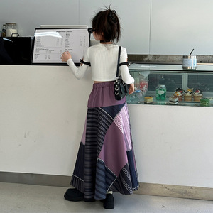 2024 New Fashion Toddler 2 Pcs Outfit Set Cute Girl <strong>White</strong> <strong>Black</strong> <strong>Print</strong> Long Sleeved Crop Shirt + Patchwork Brown Long <strong>Skirt</strong>