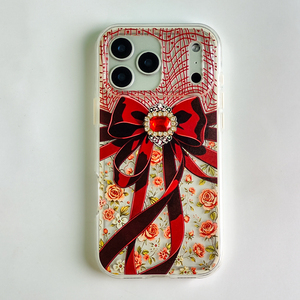 Coque de téléphone tendance et mignonne avec nœud 3D en strass pour <span class=keywords><strong>iPhone</strong></span> 16 Plus, imprimé floral, transparente, antichoc - Product Image 1