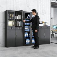 Armoire de classement en acier noir verrouillable avec portes en verre anti-humidité, idéale pour ranger les documents et les livres