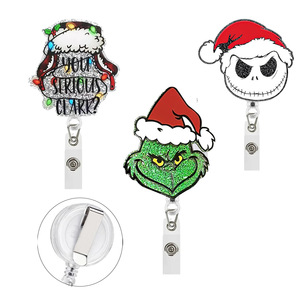 Badge rétractable transfrontalier en feuille acrylique motif chapeau de Noël, avec boucle à tirage facile, clip dorsal et porte-clés rétractable à tirage facile - Product Image 1