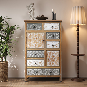 Vintage Tall Wooden Accent Cabinet 7 <b>Drawers</b> 2 Doors Rustic Multicolor Carved <b>Storage</b> Chest for Living Room Bedroom - Product Image 1