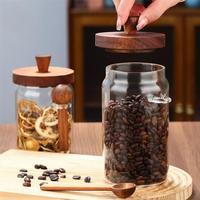 Petits, moyens et grands bocaux de rangement en verre soufflé à la main, transparents comme du cristal, avec couvercle en bois et cuillère