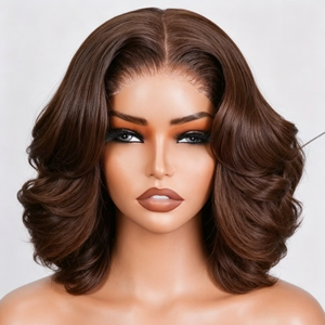 <span class=keywords><strong>Parrucca</strong></span> Bob Marrone Castagna con Onde Morbide, Senza Colla, Chiusura in Pizzo HD, 100% Capelli Umani, Densità 180%, Parrucche Corte, 1 Pezzo - Product Image 2