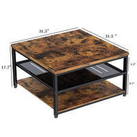 Table basse carrée industrielle moderne en bois avec 2 étagères de rangement, plateau en bois grainé et structure en bois noir