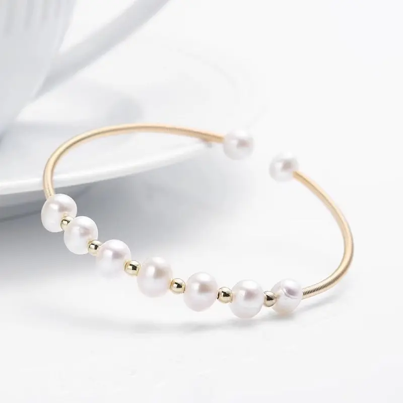 Freshwater Pearl Cuff Bracelet Simple 14K Gold Plated Charm Freshwater Pearl Bracelet Bangle