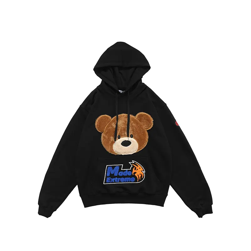 Fashion Streetwear OEM Bear Graphic Chenille Embroidered Pullover Urban 100% Cotton Black Hoodies   Sweatshirts for Men