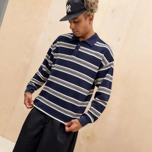 Camiseta de Manga Larga para Hombre, Personalizada por el Fabricante, de Algodón Suave, con Cuello de Botones, Color de Contraste, a Rayas, Informal - Product Image 3