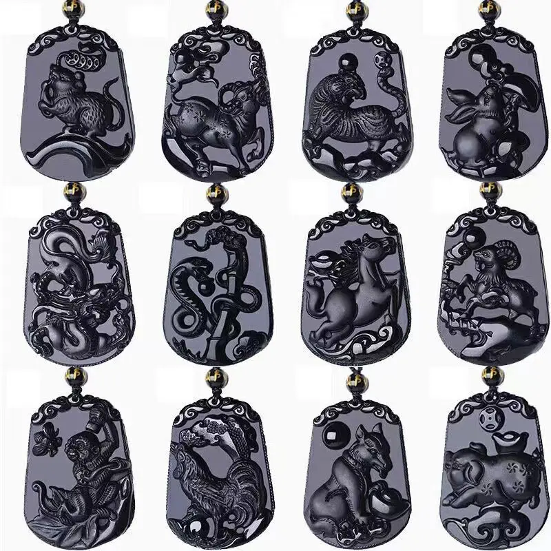 Collar de piedra obsidiana de la suerte, signo de animal chino, colgante del zodiaco para joyería feng shui, negro Natural, venta al por mayor