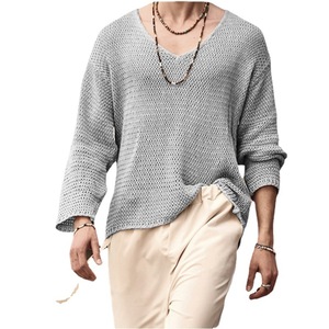 Pull à col en V pour homme, couleur unie, manches longues, tricoté, printemps automne, coupe ajustée, kaki gris bleu foncé MLXLXXLXXXL - Product Image 5
