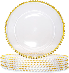 Assiettes de présentation transparentes de 13 pouces avec perles d'or en gros pour la décoration de mariage sous la plaque assiettes de chargement transparentes