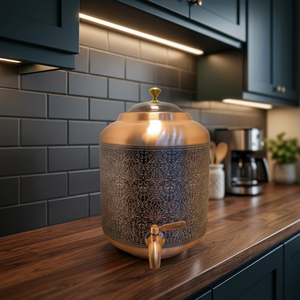Premium Antique <b>Copper</b> Water Dispenser Tank 05L Vintage Damask Etched Ayurvedic Matka Leakproof Metal Beverage Server with Tap - Product Image 2