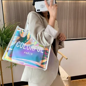 Custom Logo Waterproof Laser Clear PVC Tote Gift Bag Holographic Iridescent Plastic Shopping Bag