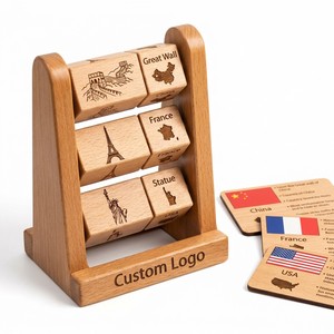 Tour de cubes rotative Montessori personnalisée en bois, avec repères géographiques du monde, drapeaux nationaux et puzzle de géographie à associer, colorée - Product Image 1