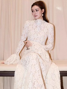 Wholesale Stand Collar <strong>Romantic</strong> Elegant Lace Flared Long Sleeve Formal Gown Evening <strong>Dress</strong> Long <strong>Dresses</strong> for Women - Product Image 6