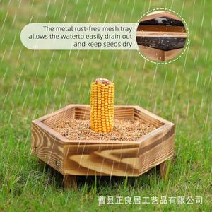 Solid Wood Squirrel Feeder Polygonal Wooden Food Box Floor <b>Standing</b> Nut And <b>Bird</b> Food Storage Wooden Feeder - Product Image 3