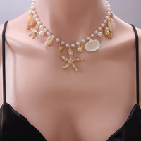 Collier Bohème d'Été avec Coquillages, Perles d'Imitation, Pendentif Étoile de Mer et Conque pour Femme, Bijou de Fête