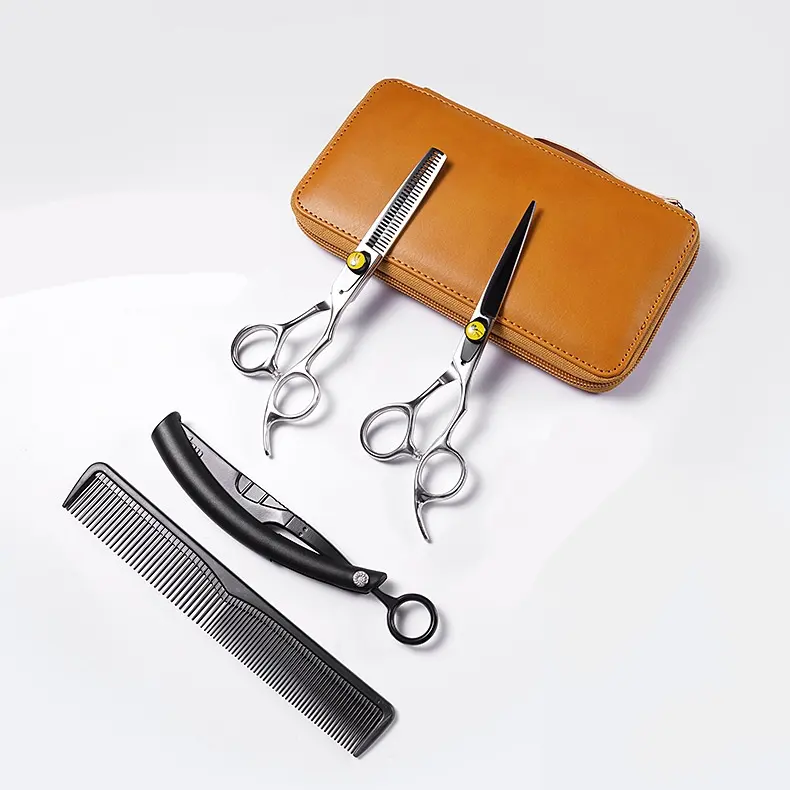 Gunting pemotong rambut S/S profesional, Kit alat cukur penipis Salon rumah dengan sisir dan wadah