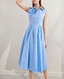 <span class=keywords><strong>Abito</strong></span> a trapeazione blu personalizzato da donna senza maniche con bottone frontale con risvolto estivo Casual lunghezza Midi in cotone e <span class=keywords><strong>lino</strong></span> naturale - Product Image 4