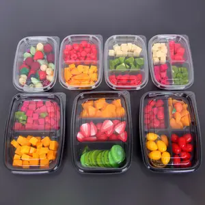 Disposable Plastic Fruit Salad Packaging Box Rectangle Transparent Yogurt Fruity Mix 2 3 4 Compartment Container with Lid