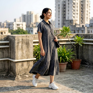 Robe midi en lin et coton noir à manches courtes, robes décontractées pour femmes, tissu léger, idéale pour tous les jours - Product Image 1