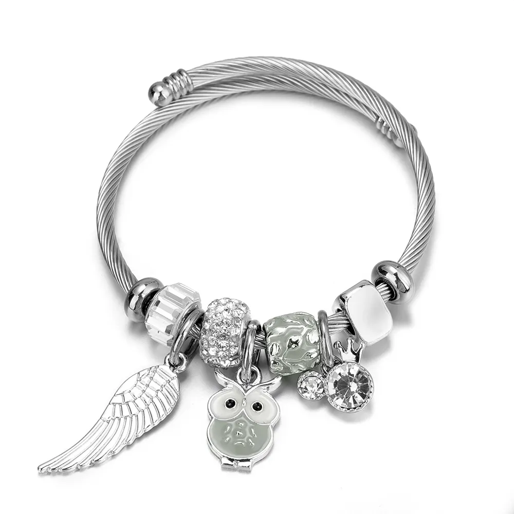 Lovely Bracelet Women Bracelet Angel Wing Pendant Fashion Jewelry Silver Plated Stainless Steel with Bead Owl S925 Trendy Ball