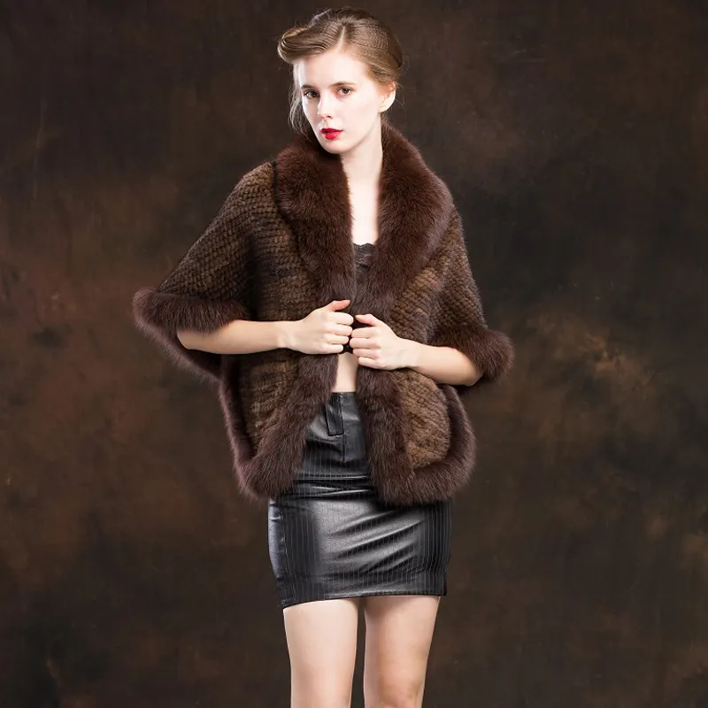 2023 autumn winter authentic mink fur shawl with long fox fur collar with front pocket luxury hand knitted mink fur ponchos